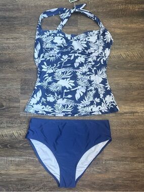 Blue Floral Halter Tankini Top with Solid Blue Bikini Bottoms - Women